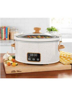 The Woman Pioneer Linen Locking Lid Clips 6-Quart Portable Speckle Slow Cooker